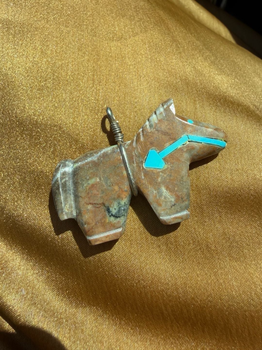 Zuni Jasper Horse Fetish Pendant With Turquoise Heartline Inlay